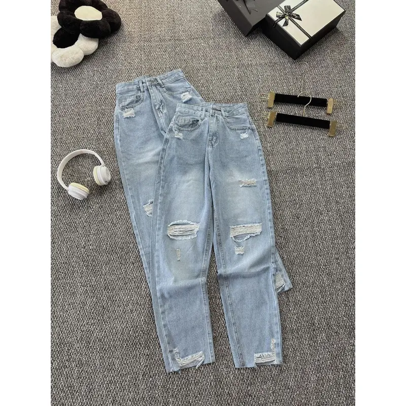 quần baggy nữ rách gối hai kiểu màu xanh và xám chât liệu cao cấp  kiểu dáng thời thượng Jean Pants Denim Có Túi Lưng Cao Khuy 3