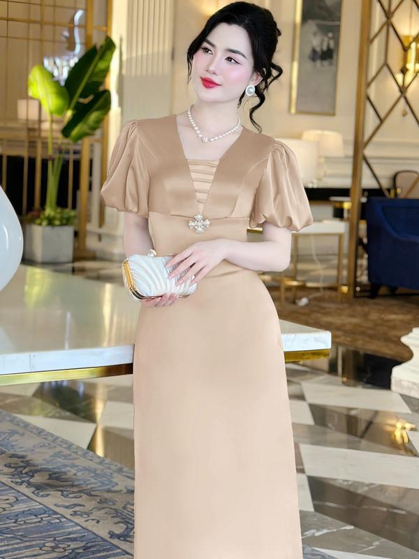 [MIỄN SHIP] MDU4515 Váy Lụa Twist Satin Cao Cấp - Thiết Kế Cổ Cách Điệu Tay Bồng Tinh Tế Dành Cho Nữ Women Dress váy  nữ 1