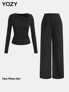 YOZY Two-piece Set Women's Plain Ruched Asymmetrical Neck Tee & Button Zipper Fly Plicated Pants, Casual Long Sleeve Top & Pocket Trousers for Spring & Fall, Women's Clothes for Daily Wear