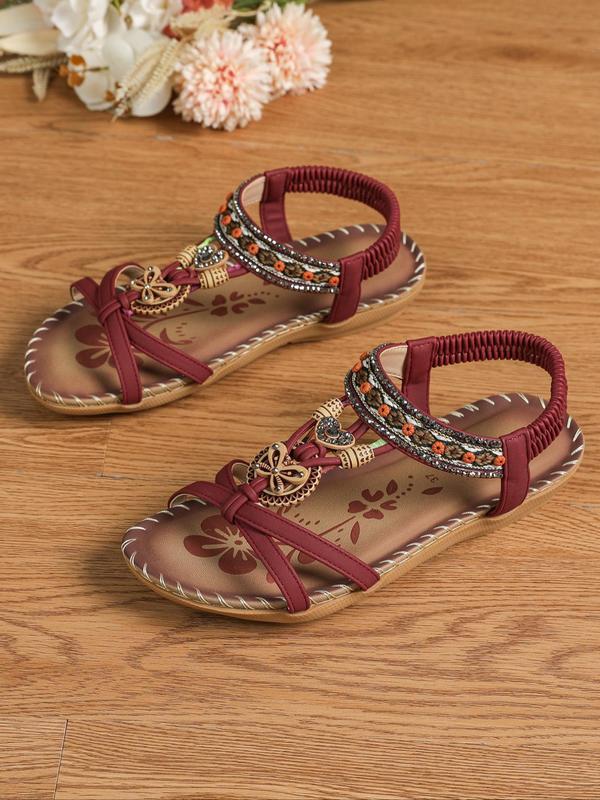 Women's Boho Style Comfortable Rhinestone Decorated Flat Sandals,  Unique Sandals, Vintage Hollow Out Heart Design Slide Sandals, Fashionable Sandals for Summer 3