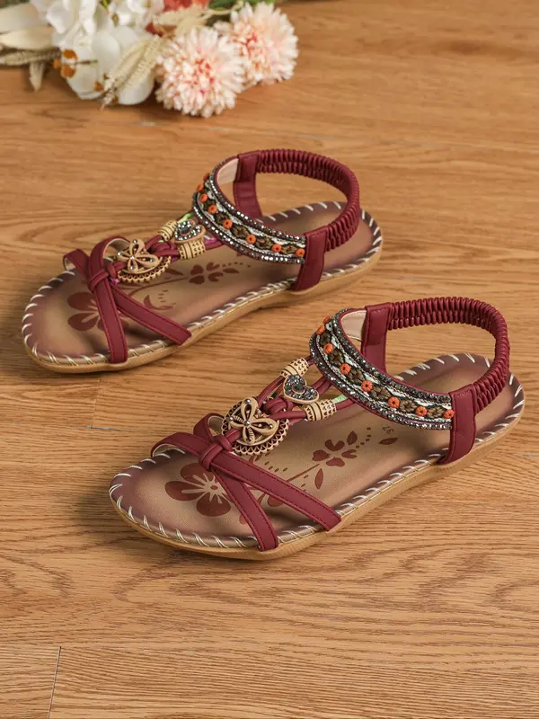 Women's Boho Style Comfortable Rhinestone Decorated Flat Sandals,  Unique Sandals, Vintage Hollow Out Heart Design Slide Sandals, Fashionable Sandals for Summer 3