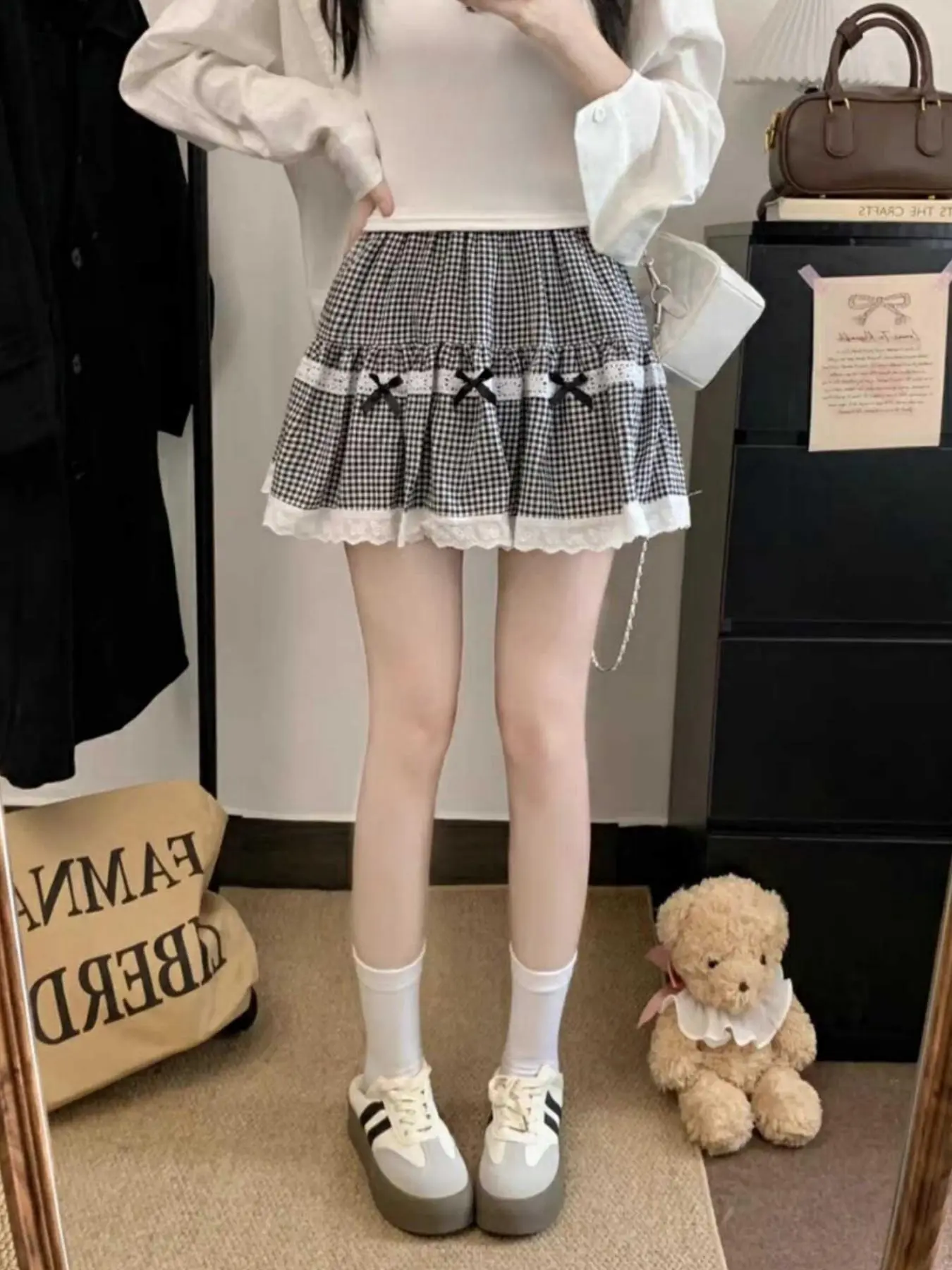 Women's Plaid Print Bow Decor Lace Trim Skirt, Street Fashion Casual Short Skirt for Daily Wear, Ladies Bottoms for Summer