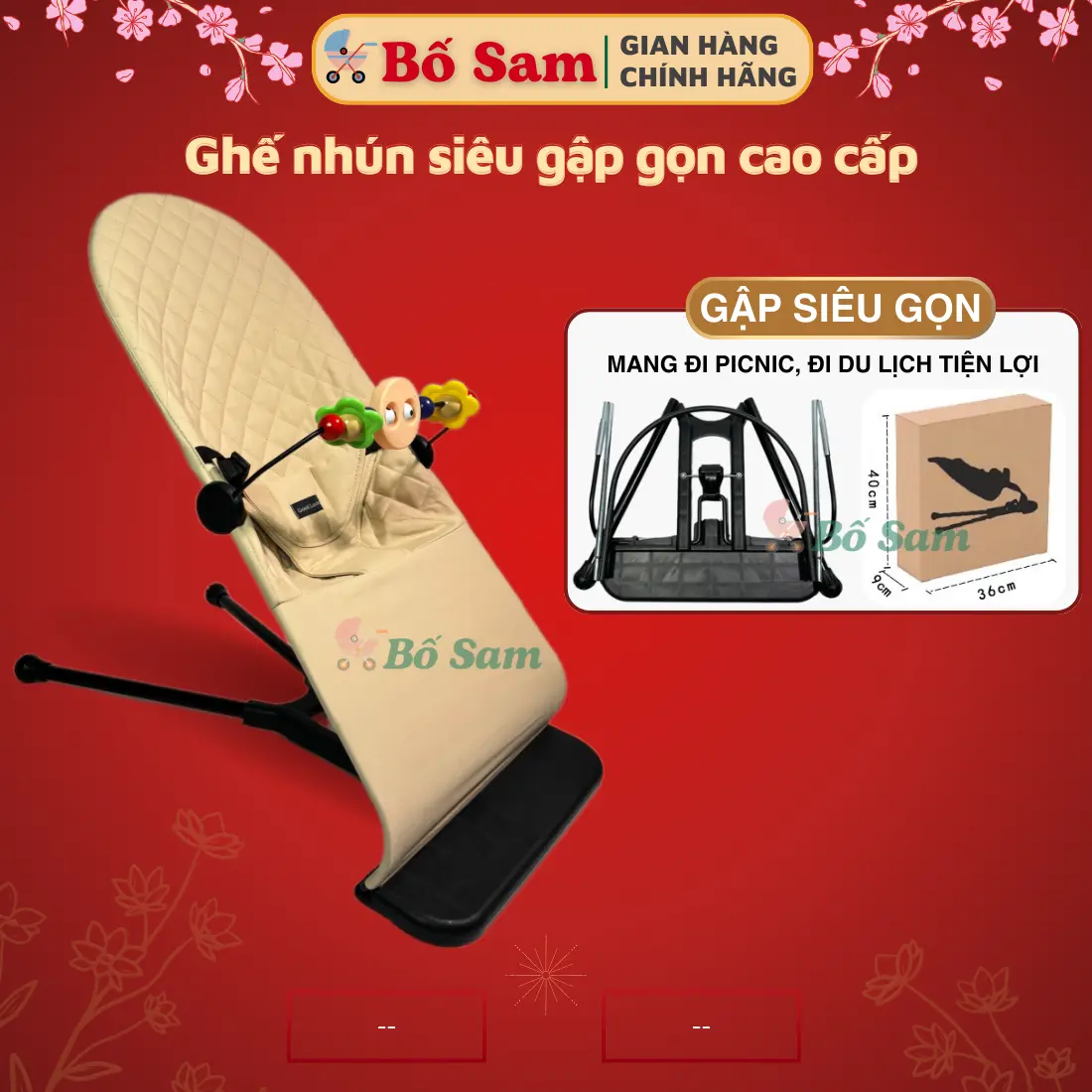 Ghế nhún rung đồ chơi Goodluck siêu gập gọn cho trẻ sơ sinh từ 1tháng, Bố Sam, chất liệu vải cotton chống võng lưng thoáng mát