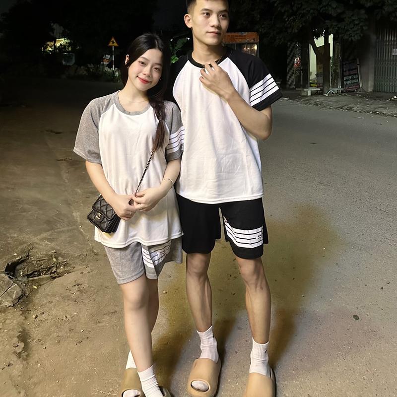 Set Bộ Cộc Tay Nam Nữ 3 Sọc Xám Đen Ctong Free Size