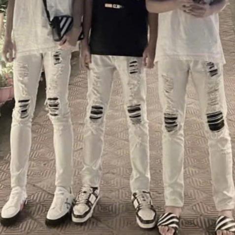 Quần jean dài nam trắng vá da đen jean dày đẹp chuẩn boy phố