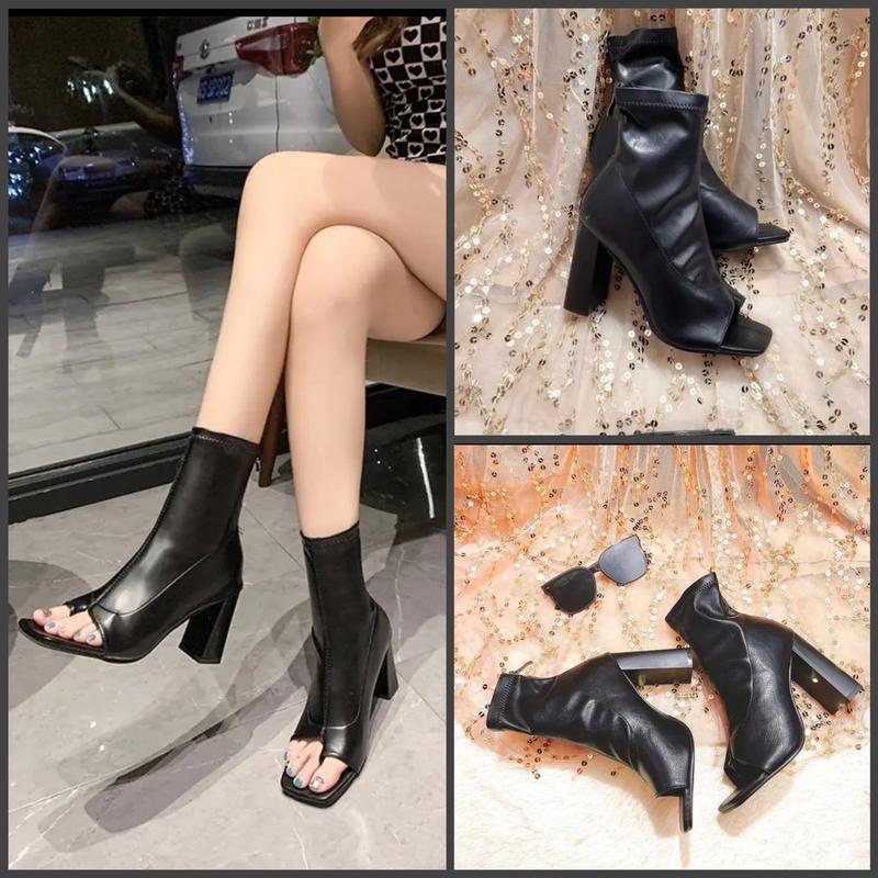 Bốt da lì nữ cao gót hở mũi Giày bốt nữ xỏ ngón cao cổ đế 7p chất da mềm siêu sang chảnh Boot Cổ Cao