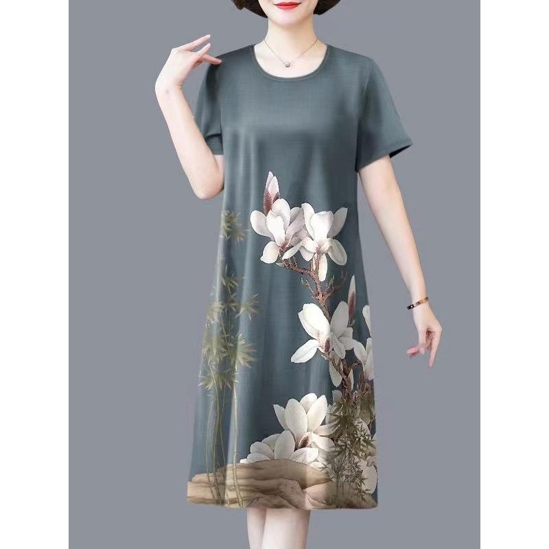 Váy Mùa Hè, Ngoại Cỡ, Cho Mẹ Trung Niên, Quá Gối, Vợ Và Mẹ TRUNG NIÊN Và CAO TUỔI, Váy ngắn Tay, Dáng Rộng Vừa Vặn, Thời Trang, Quần Áo Mùa Hè Nữ Women Dress Voan Đỏ 4