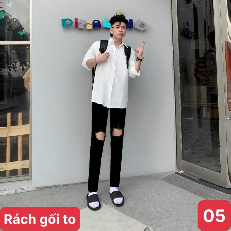 Quần jean dài nam dài kiểu rách gối to chất bò co giãn AQ05 Form skinny chuẩn Menswear Có Túi Pants TCS Trùm Chuyên Sỉ