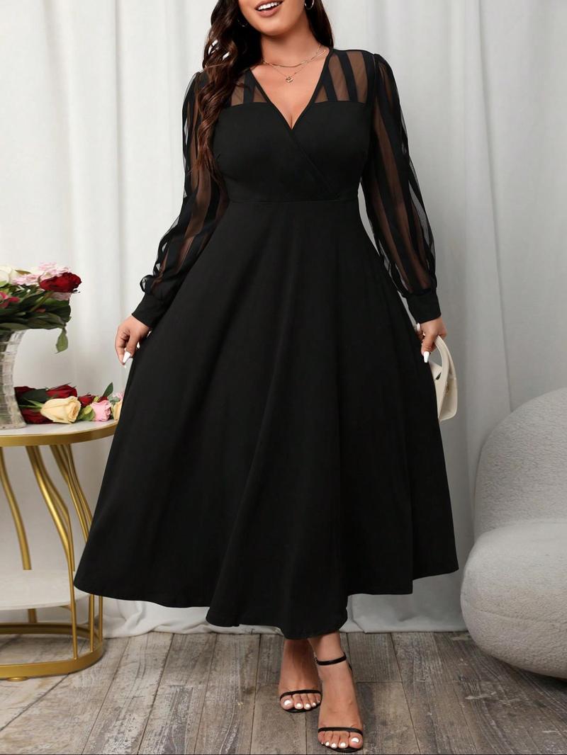 Product Introduction of 【Plus Size】 Contrast Mesh V Neck Dress, Elegant Flowy Long Sleeve Dress for Party Holiday Wedding Guest, Holiday Dresses, Women's Clothes for Spring & Fall 1