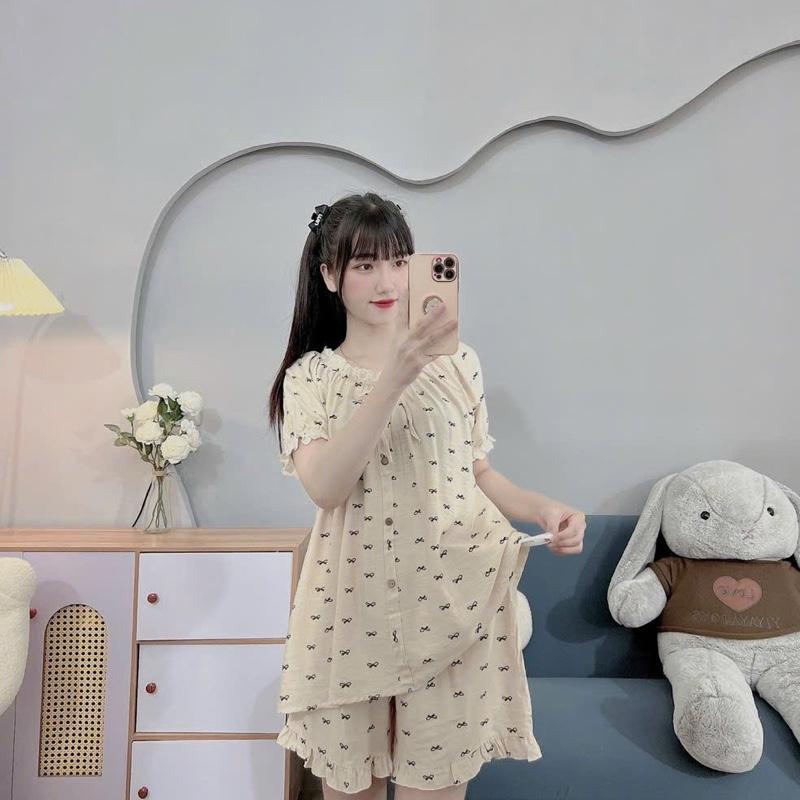 BỘ BẦU ĐÙI ĐŨI HÀN IN NƠ CỔ VUÔNG REN-CỔ BO CHUN -4 màu, quần có chun chỉnh 7