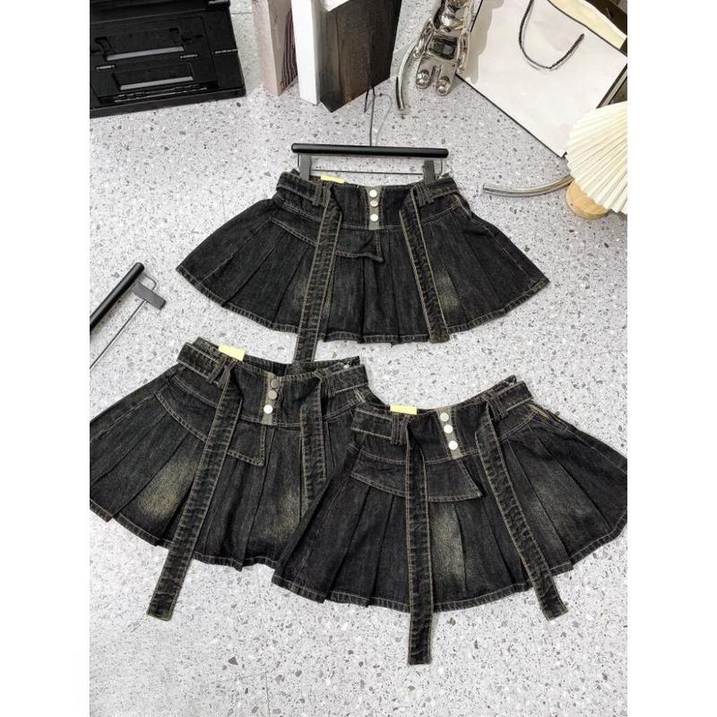 Chân váy jean xếp ly MELINA (tặng bản đai to) chân váy ngắn xoè xanh đen, đen ánh rêu, xám bạc size S M L 6485 2