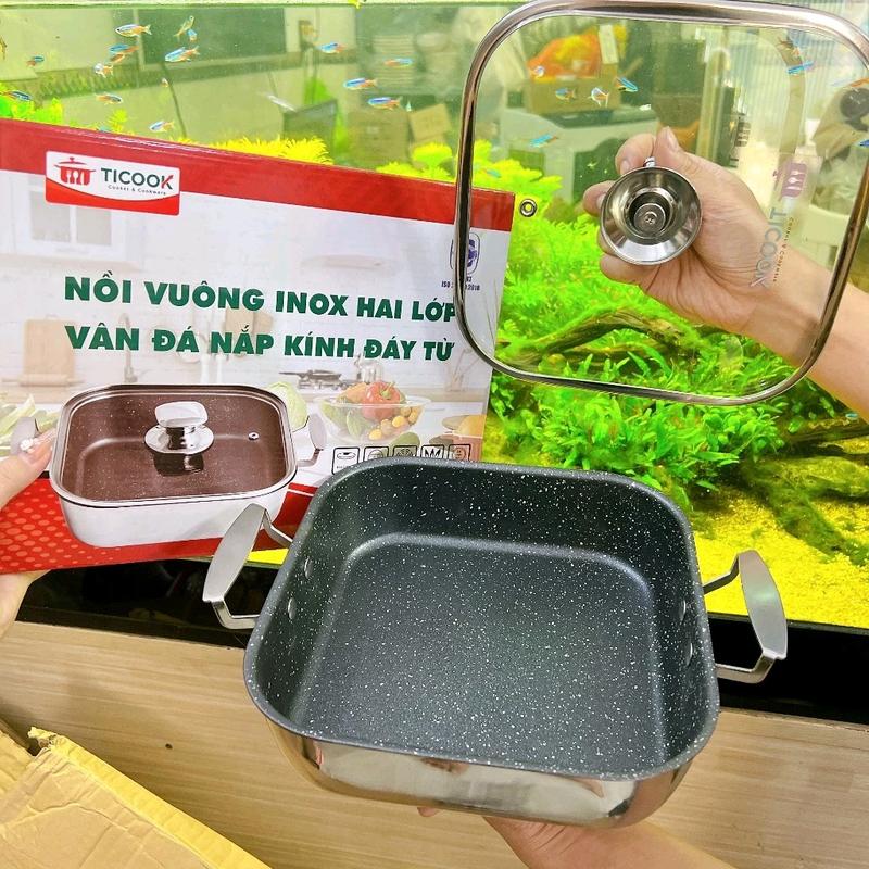NỒI VUÔNG INOX 2 ĐÁY VÂN ĐÁ CHỐNG DÍNH TICOOK CHẢO VUÔNG INOX ĐÁY TỪ CHỐNG DÍNH