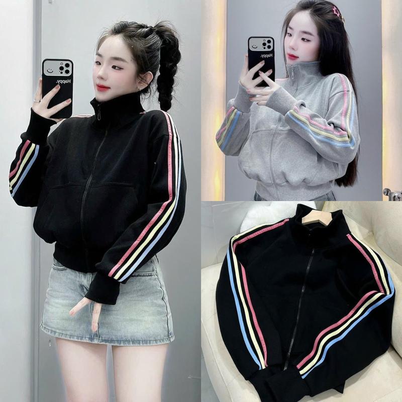 Áo Khoác Nỉ Cổ Cao Tay Phối VIỀN 3 Màu Cầu Vòng BASIC Phong Cách Mới Có túi Trong Tay Xỏ Ngón Chống Nắng Jacket Nữ Top Women