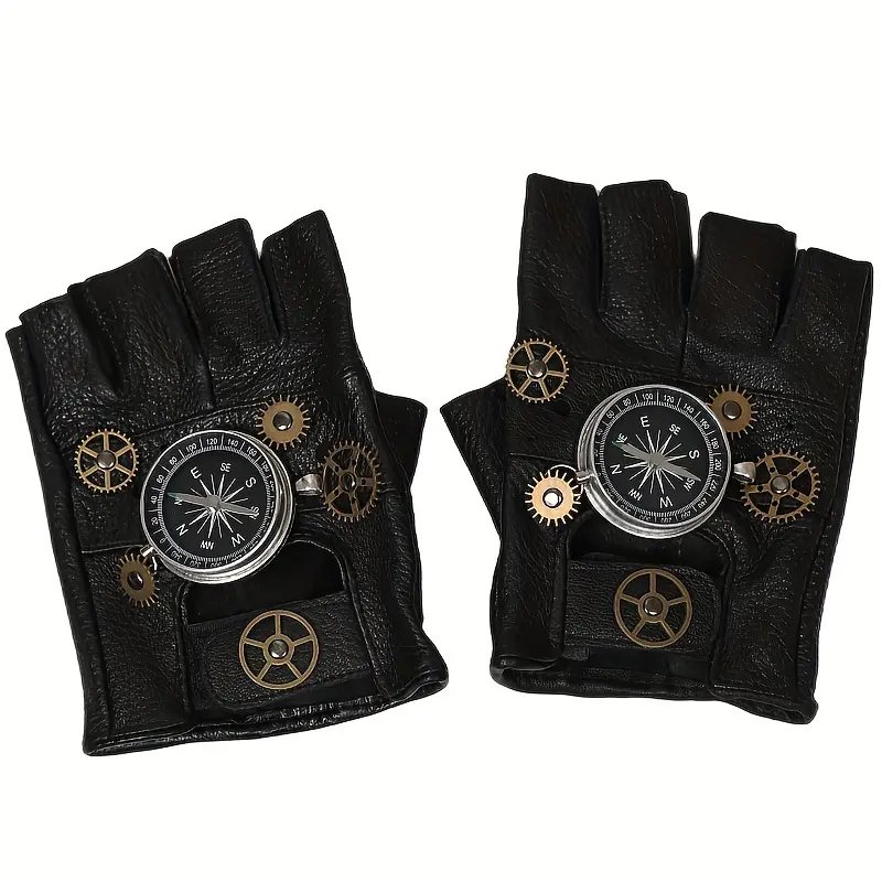 1pair Steampunk-Inspired Fingerless Gloves, Faux Leather With Metal Compass And Gears, Punk Rock Style, Rivet Accents, Halloween Cosplay Accessory 4