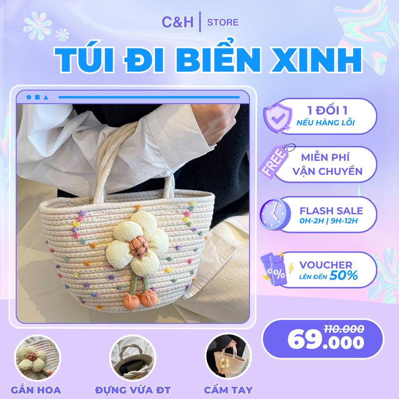 Túi xách nữ túi đi biển đeo tay tote vải sợi đan hoạ tiết bông hoa xinh đáng yêu Bag