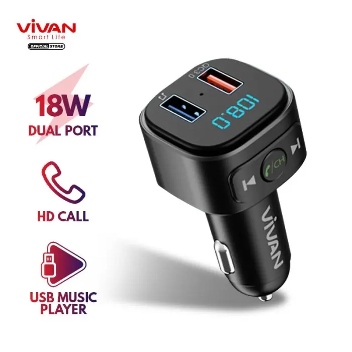 CAR CHARGER VIVAN VBT01 Dual Port 18W QC 3.0 Bluetooth5.0 Transmintter 0