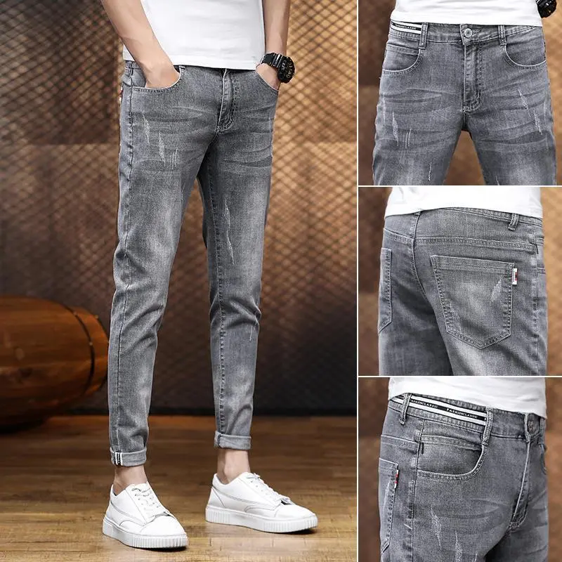 Seluar Jeans Nipis, Musim Panas Lelaki, Slim Fit, Berikat Buku lali, Seluar Trendi, Seluar Panjang Buku lali Kasual, 2024