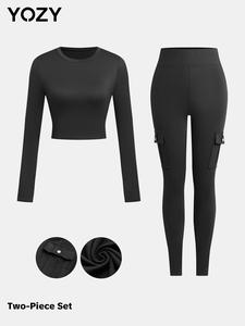 YOZY Women's Solid Long Sleeve Crop Top & Elastic Waist Skinny Pants Two-piece Set, Casual Fashion Cozy Round Neck Top & Button Pocket Trousers for Daily Outdoor Wear, Women's Clothing for Fall & Winter
