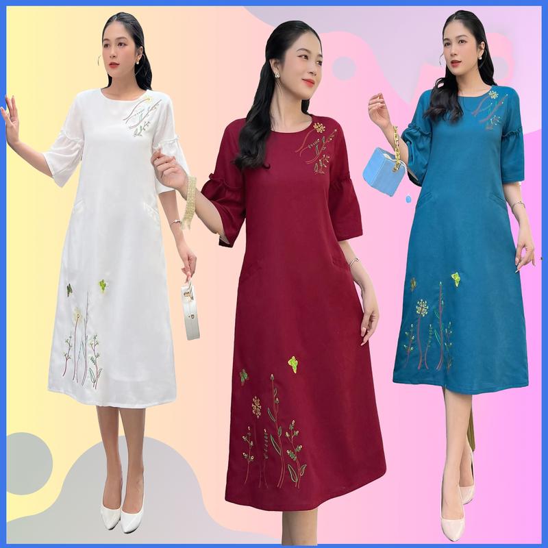 Lady Fashion- Đầm Linen suông dáng A thêu hoa lá tay bèo dành cho nữ thanh lịch MS112 Dress Trắng