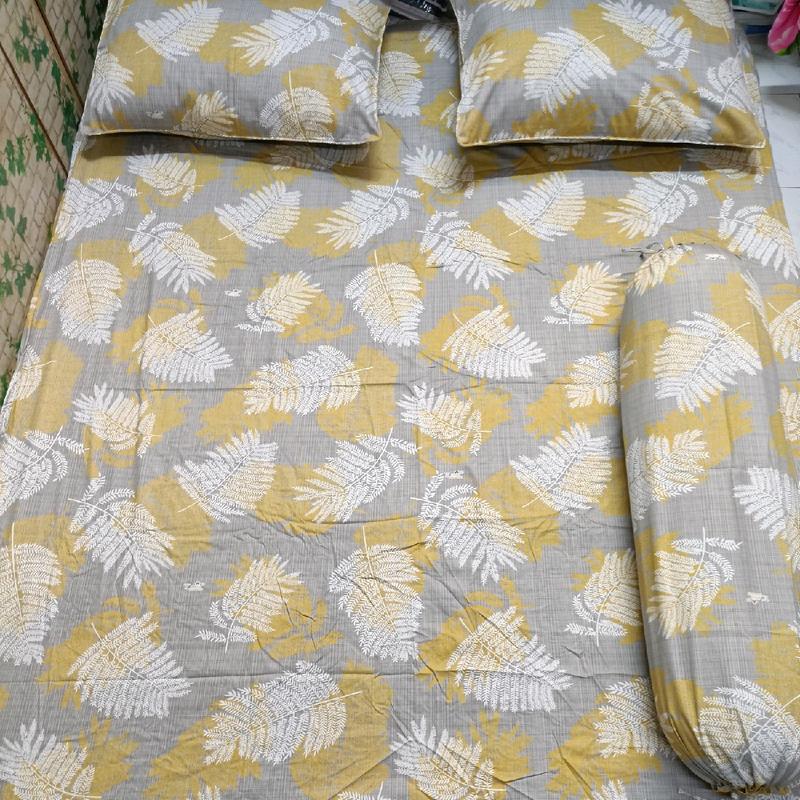 bộ ga gối cotton Thắng lợi lá dương sỉ ca vàng 4 món 5 món 2 vỏ gối nằm 1 ôm 1 ga bo chun chân nệm 5cm,10cm,15cm đổ lại mát ko xù lông ra màu thoáng mát thấm hút