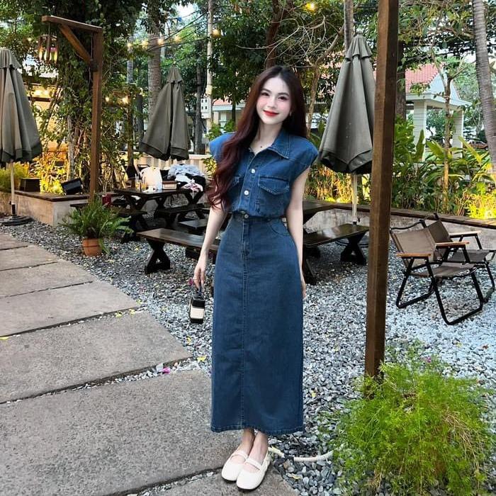Set Jean Chân Váy Suông Dài Mix Sơ Mi Tay Ngắn Phối Túi Trước Ngực Thanh Lịch Sang Chảnh Cho Các Nàng  | FASHION STORE C4