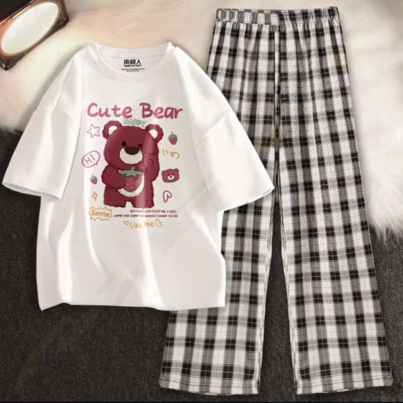 [MIỄN PHÍ SHIP]Sét Áo phông Gấu Cute bearKèm quần kẻ Karo nhiều màu, Áo thun from rộng, Chất đẹp không xù, quần suông ống rộng  DV-Erina cute 5