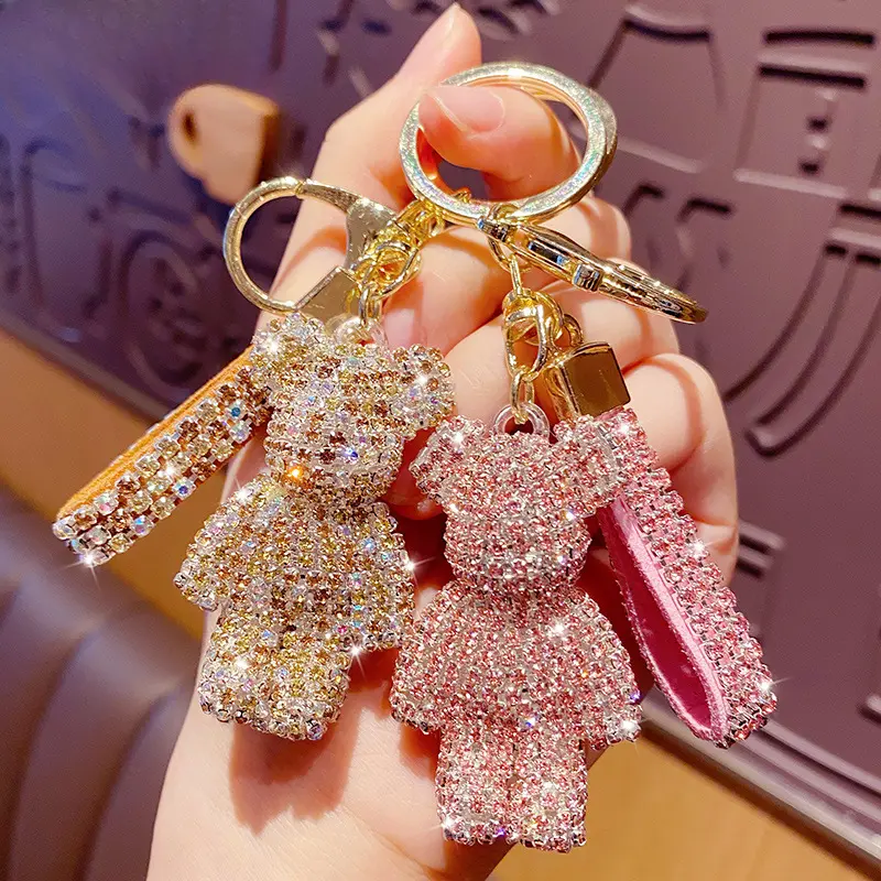 Cartoon diamond studded teddy bear doll keychain, cute and creative female couple keychain ring, bag, pendant gift