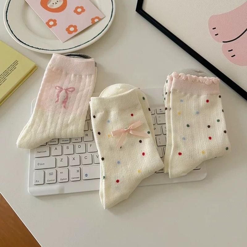 Tất Ống Giữa, Thiết Kế Thắt Nơ Ngọt Ngào Dành Cho Phụ Nữ Và Trẻ Em Gái, Tất Nơ Gót, Phong Cách Thường Ngày Màu Đen Và Trắng, Tất Cọc, Làm Bằng Bông 6