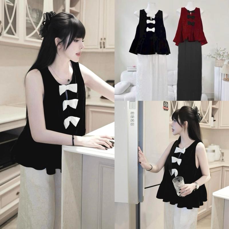 (Có bigsize 90kg) Set áo nhung babydoll đính 3 nơ quần trượt dài cách tân cao cấp (tặng chuỗi vòng tay gỗ hoặc đá)