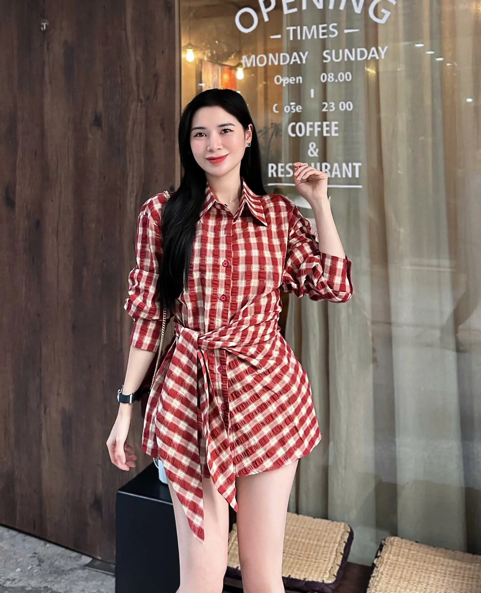 A1268-Áo sơ mi kẻ thắt dây eo   QC