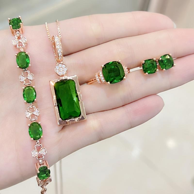 Product Introduction of Rose Gold Plated Emerald Diamond Earrings Ring Pendant Necklace Jewelry Set Exquisite Green Diamond Jewelry cincin perak ring silver silver diamond cincin perak lelaki 14