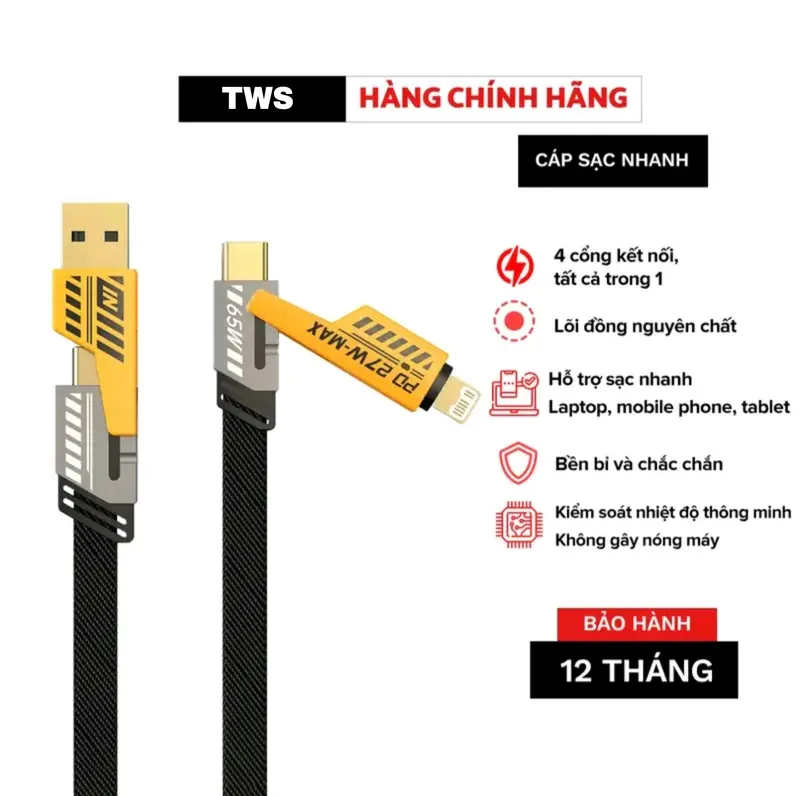 Dây sạc nhanh 4 Đầu Sạc nhanh 65W Cổng C-L, C-C, USB-C, USB-L Đa năng 4 trong 1 , sạc chống gãy chính hãng sạc cho cả IP và android 0