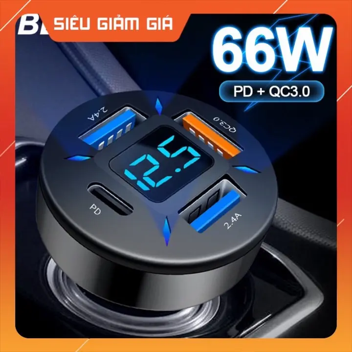 ￼Tẩu Sạc Nhanh 3.0 66W 4 Cổng USB Màn Hình LED Kỹ Thuật Số Cho Xe Hơi Phụ Kiện