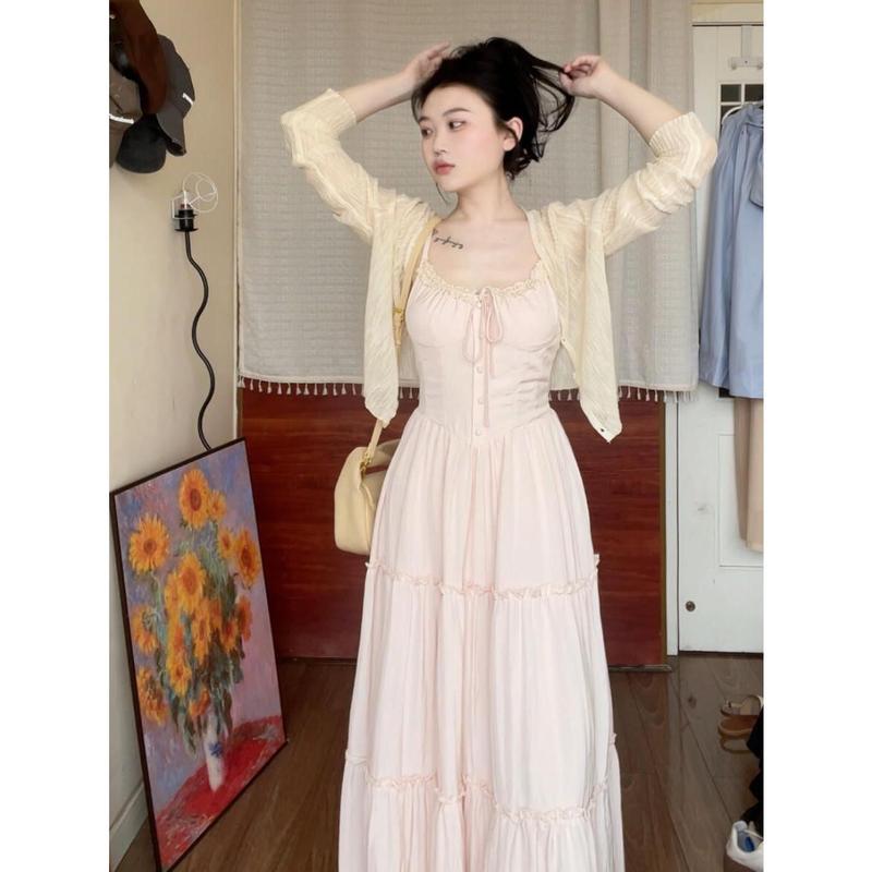 Bộ Đồ Nhẹ Nhàng, Áo Khoác Cardigan Mùa Hè Cho Nữ, Váy Hai Dây Bó Sát Eo, Váy Dài, Bộ Đồ Hai Mảnh 0