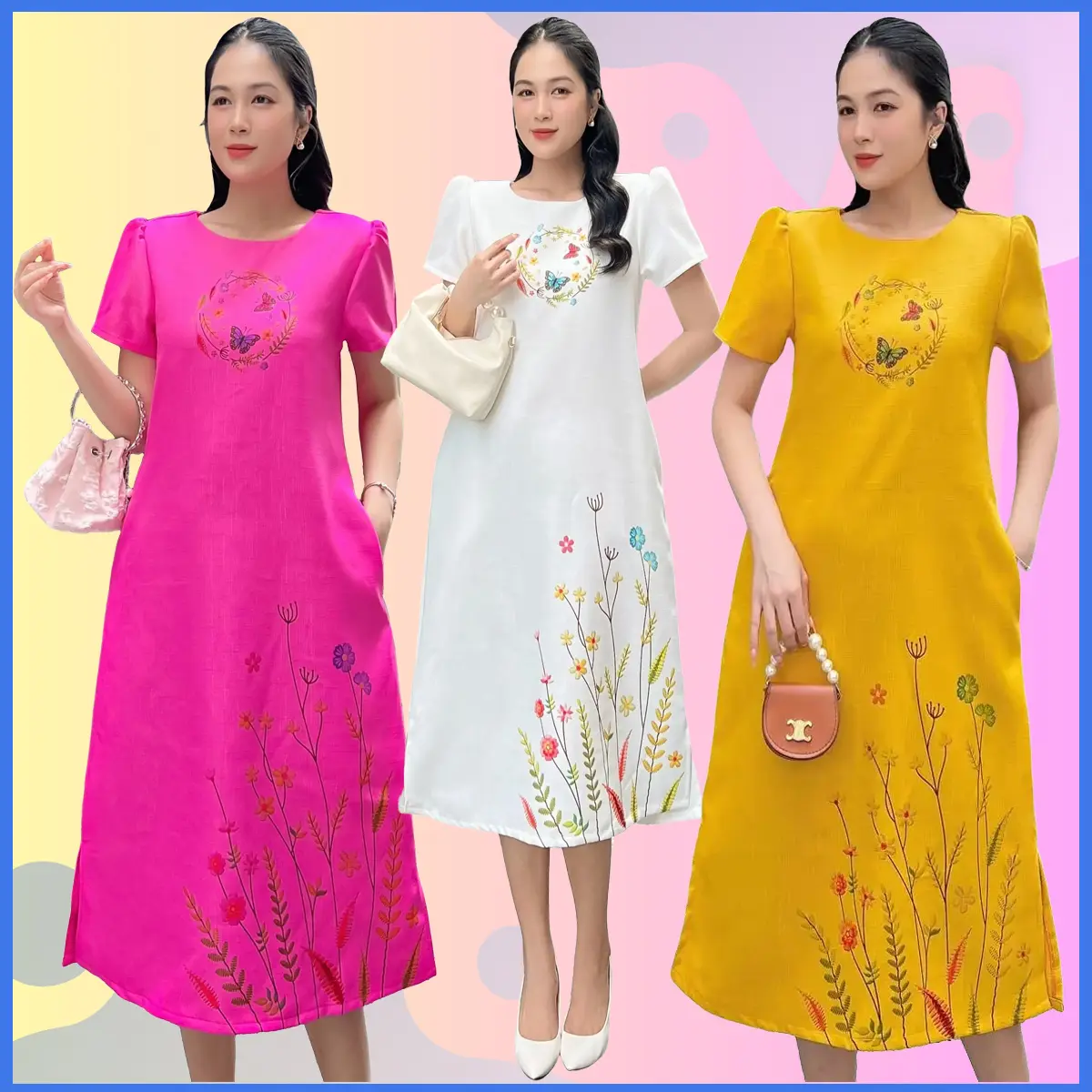 LADYFASHION06- DA120 Đầm suôn chữ A phối họa tiết in giả thêu thanh lịch Dress Váy