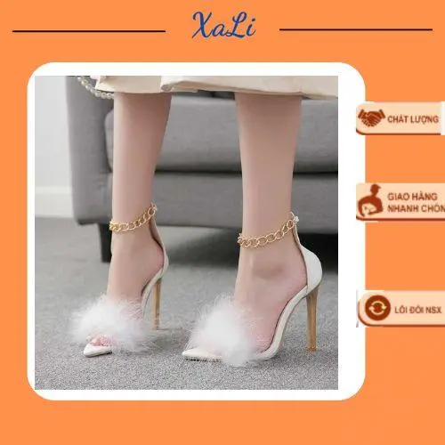 Giày Sandal Nữ Mũi Nhọn Quai Ngang Lông Vũ Cao Gót Gót Nhọn Cao 9cm Quai Xích Đi Thời Trang Nữ Đi Tiệc - CGMNL