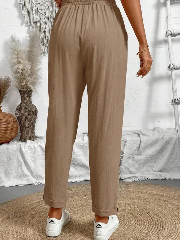 Women's Plain Pocket Drawstring Waist Straight Leg Pants, Casual Comfy Trousers for Everyday Wear, Fashion Ladies Bottoms for All Seasons, Womenswear 1