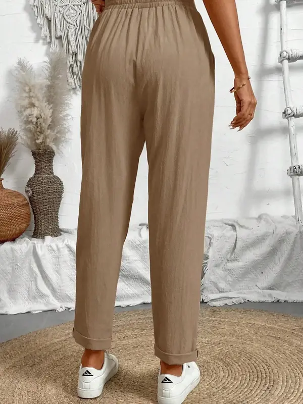 Women's Plain Pocket Drawstring Waist Straight Leg Pants, Casual Comfy Trousers for Everyday Wear, Fashion Ladies Bottoms for All Seasons, Womenswear 7