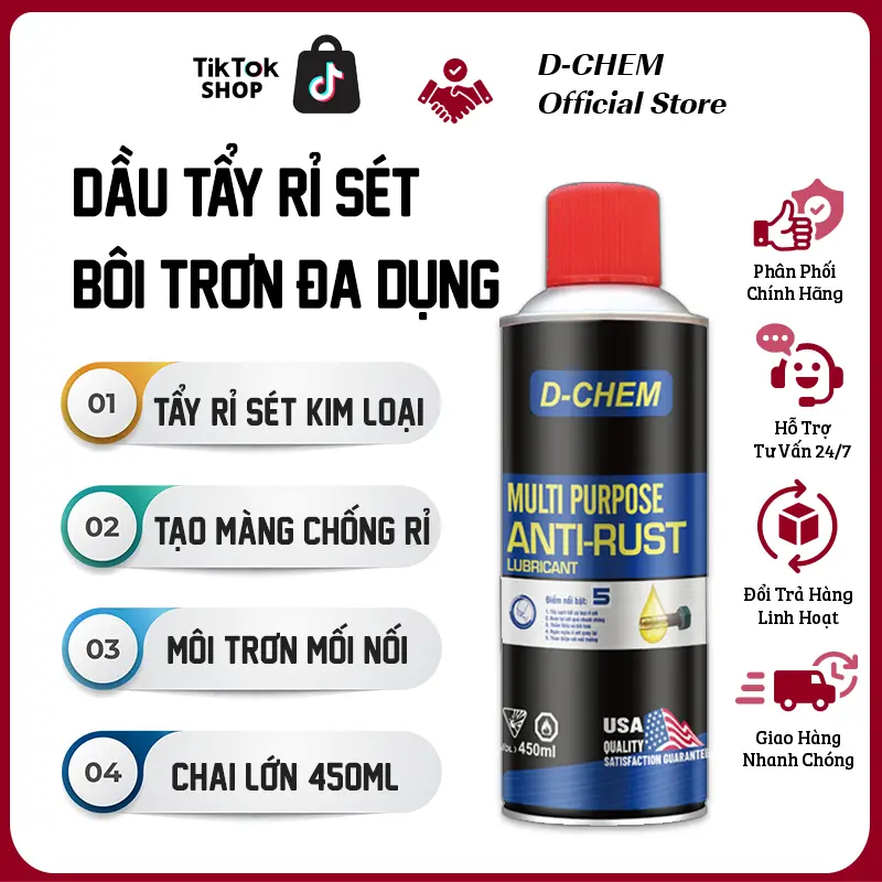 Dầu Tẩy Rỉ Sét Và Bôi Trơn Đa Dụng D-Chem Anti Rust 450ml-380g Bảo Dưỡng Xe Cộ Mối Nối Kim Loại