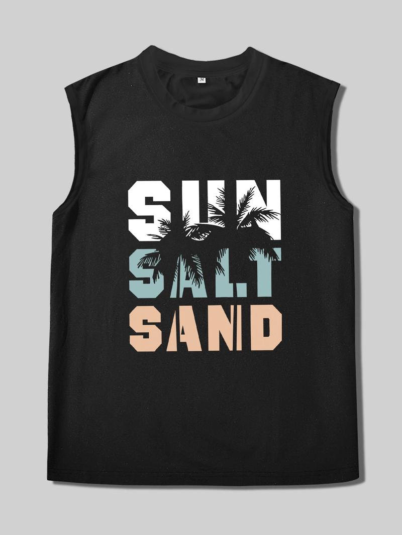 Product Introduction of Men's Letter & Coconut Tree Print Tank Top, Regular Fit Casual Comfortable Breathable Round Neck Sleeveless Vest for Summer, Men's Clothes for Beach Vacation 2