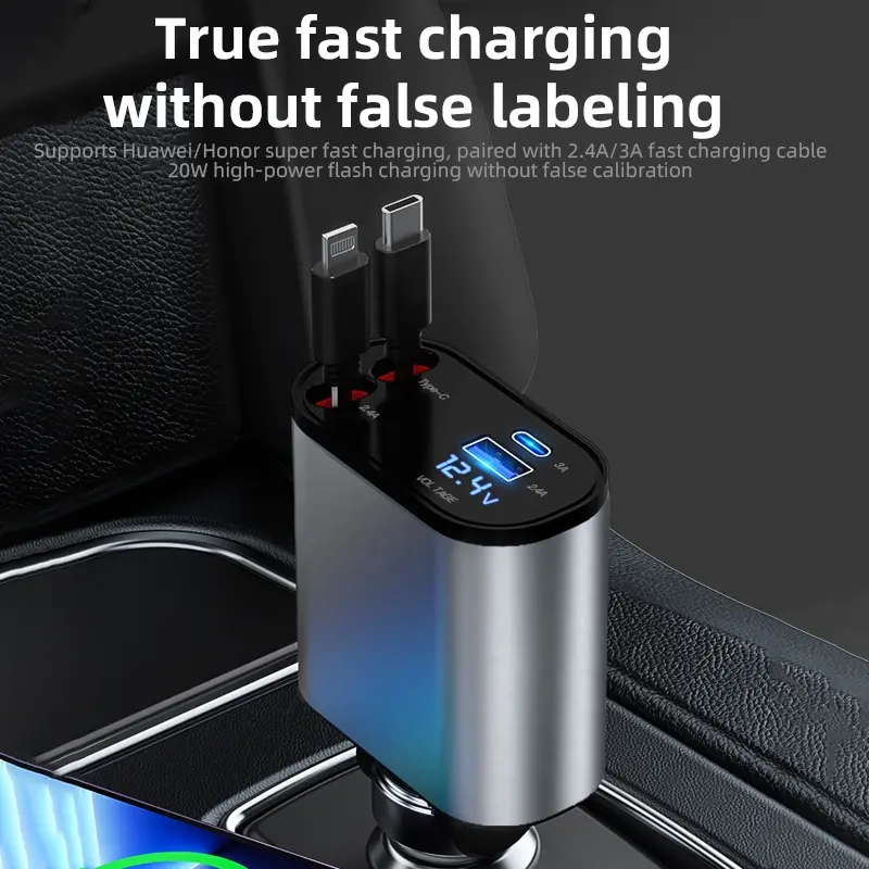 Bộ sạc ô tô, Sạc nhanh 4 trong 1, Sạc siêu nhanh, Tương thích với Type-C, IOS và USB, Cáp Có Thể Thu Vào 7