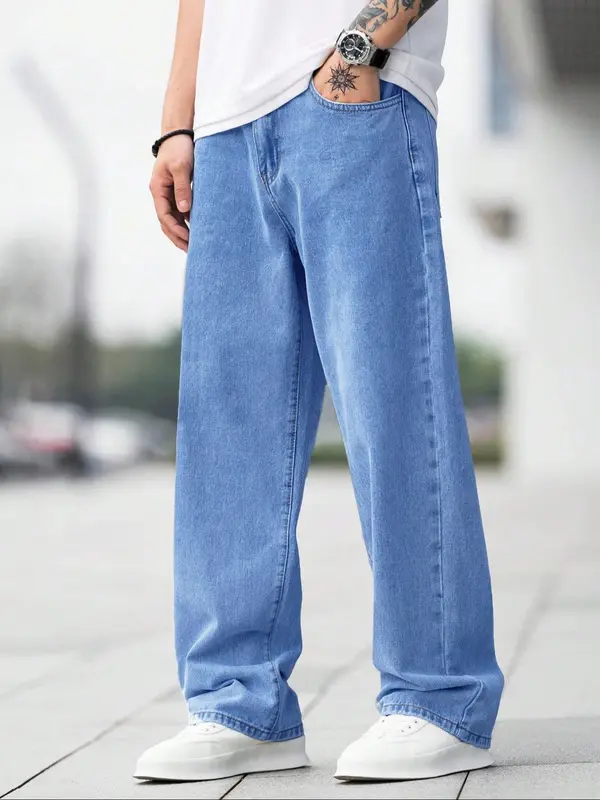 Men's Solid Color Wide Leg Jeans, Loose Casual Comfy Denim Trousers for Daily Wear, Fashion Men's Bottoms for All Seasons, Cotton, Casual Pants 3