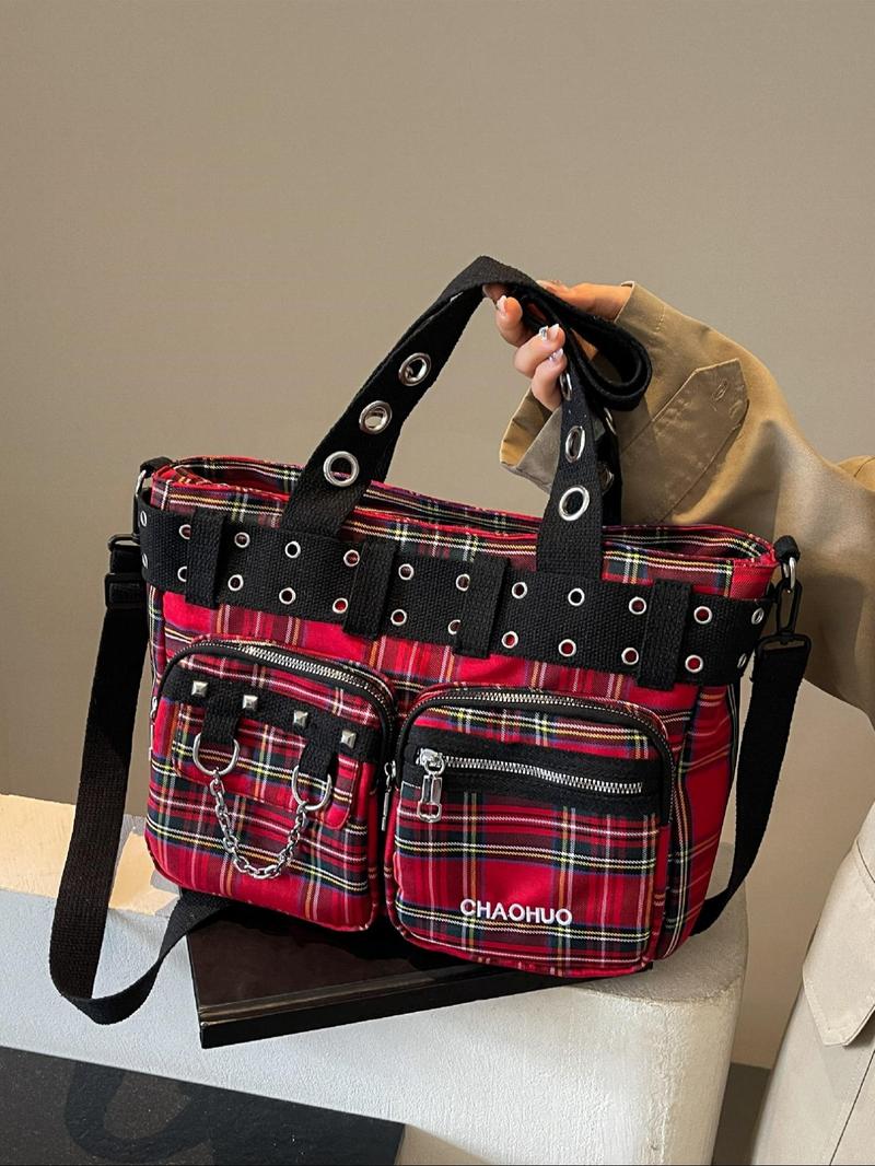 Product Introduction of Women's Fashionable All-match Punk Style Tote Bag with Multi-pocket Design, Casual Versatile Zipper Design, Large Capacity Shoulder Tote Bag 14