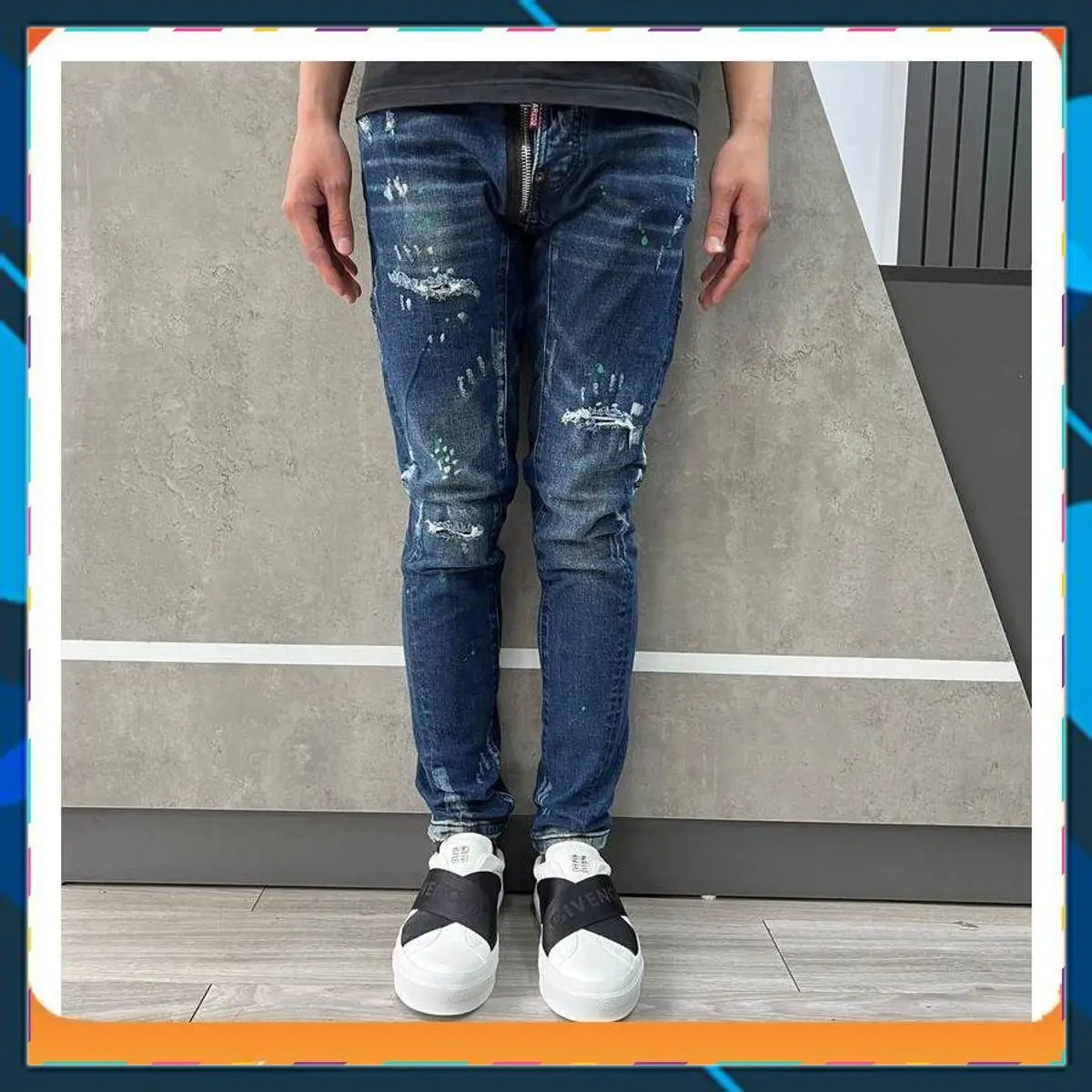 Quần jean bò vẩy sơn khoá lệch bốn cúc ôm đẹp bikeker Cotton