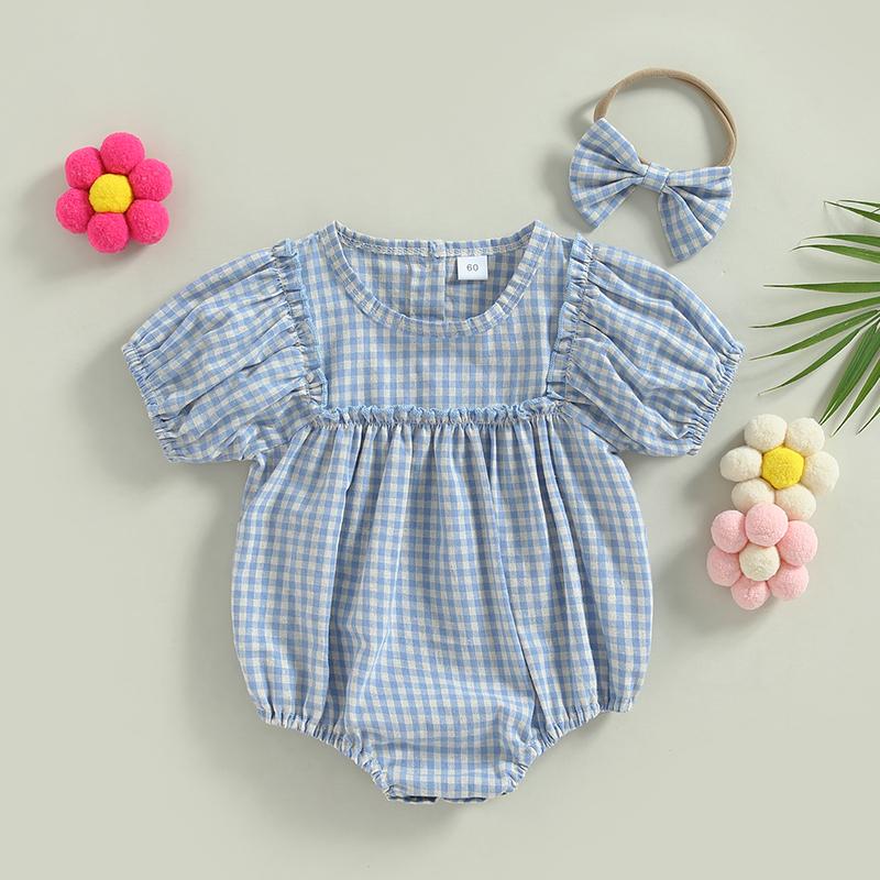 Product Introduction of Baby Girl 2Pcs Summer Outfits, Short Puff Sleeve Plaid Print Romper with Headband Set 33