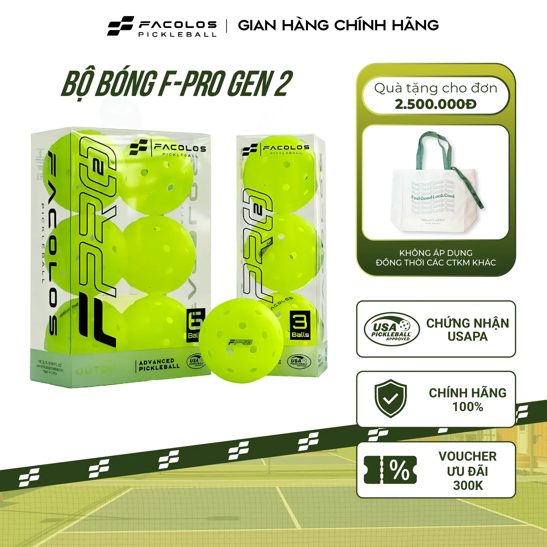 Bộ Bóng Pickleball Facolos F-Pro Gen 2 Performance Pickleball tiêu chuẩn (USAPA) 40 lỗ với đường kính 74mm