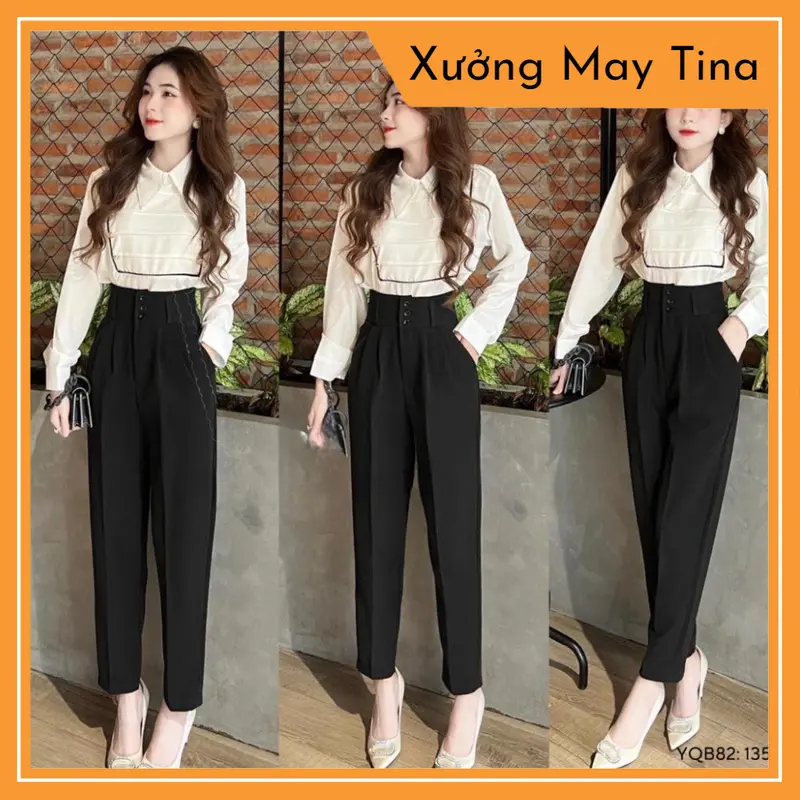 Quần tây baggy 3 cúc màu đen trơn chất vải tuyết mưa dày dặn[456] 0