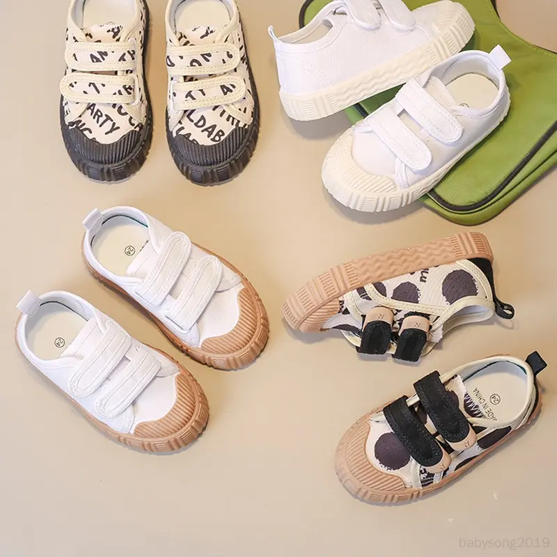 Korean Casual Kids Shoes Boys Girls Ins Graffiti Canvas Shoes Versatile Low-Cut Flat Biscuit Shoes Sneakers