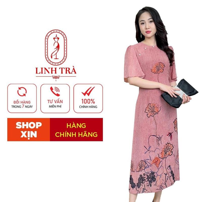  Linh Trà Đầm Trung Niên Linh Trà TM2733 Trẻ Trung Thiết Kế Trang Nhã Thanh Lịch Bigsize Voan Hàn Màu Hồng Nâu Be Size L-4XL Cho Bà Mẹ Chất Liệu Co Giãn Mềm Mại Phù Hợp Đi Làm Đi Tiệc 